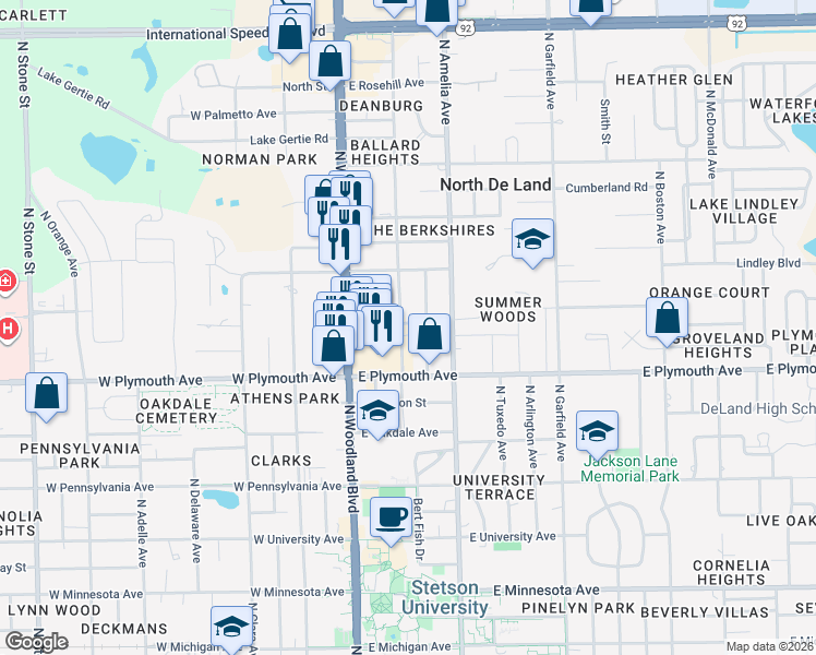 map of restaurants, bars, coffee shops, grocery stores, and more near 947 North Alabama Avenue in DeLand