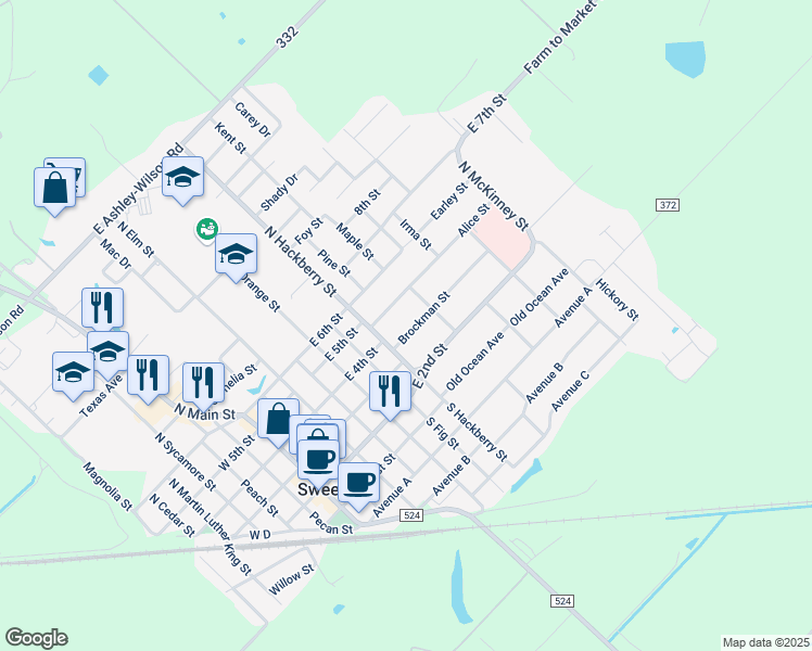 map of restaurants, bars, coffee shops, grocery stores, and more near 707 Brockman Street in Sweeny