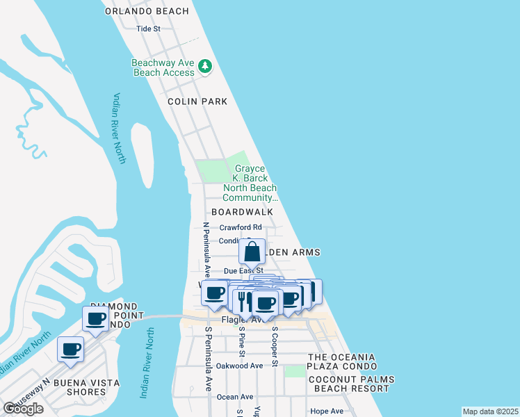 map of restaurants, bars, coffee shops, grocery stores, and more near 900 North Atlantic Avenue in New Smyrna Beach