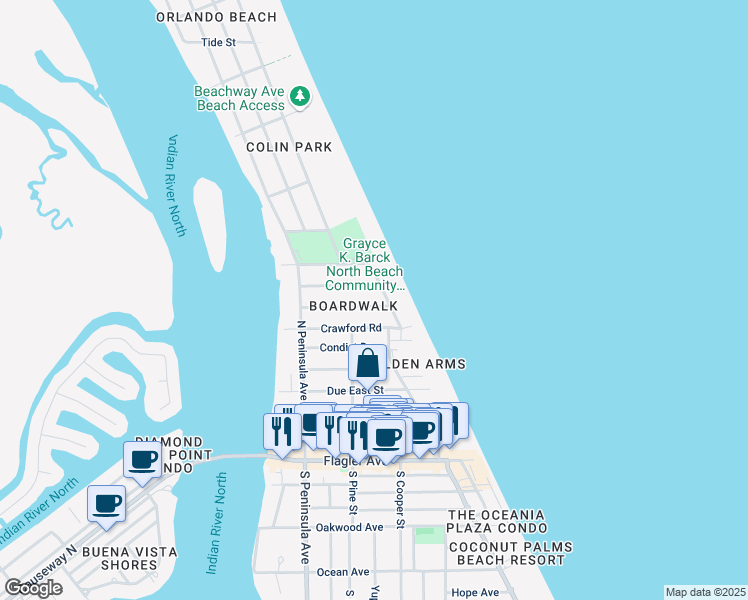 map of restaurants, bars, coffee shops, grocery stores, and more near 900 North Atlantic Avenue in New Smyrna Beach