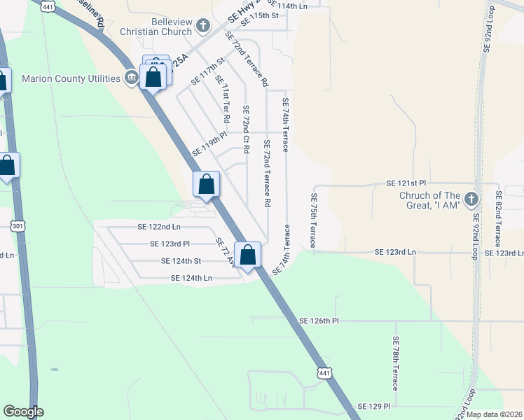 map of restaurants, bars, coffee shops, grocery stores, and more near 12218 Southeast 72nd Terrace Road in Belleview