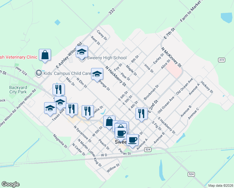 map of restaurants, bars, coffee shops, grocery stores, and more near 502 Crosson Court in Sweeny