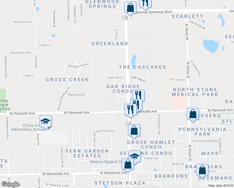 map of restaurants, bars, coffee shops, grocery stores, and more near 920 Hunters Creek Drive in DeLand
