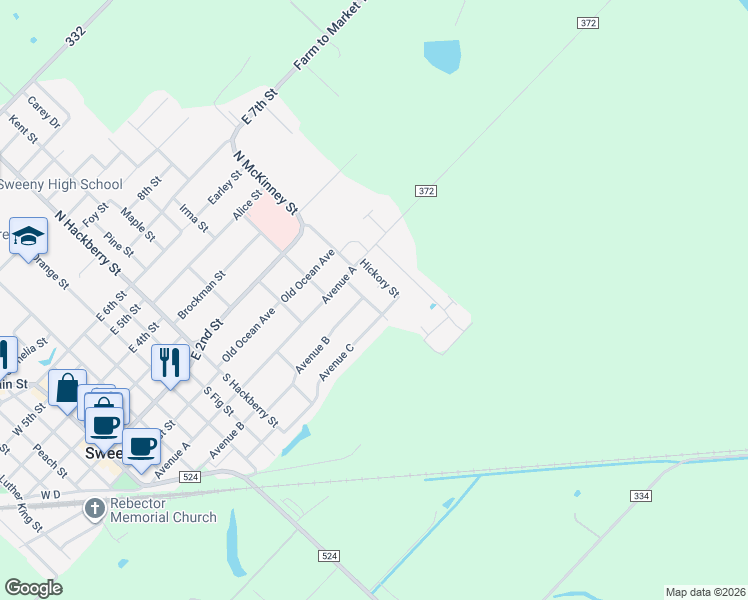map of restaurants, bars, coffee shops, grocery stores, and more near 302 Yaupon Street in Sweeny
