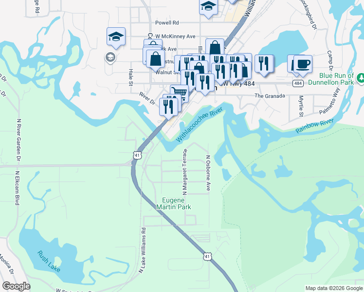 map of restaurants, bars, coffee shops, grocery stores, and more near 1621 West Du Page Trail in Dunnellon