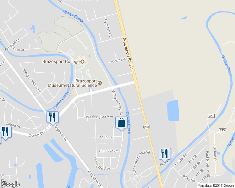 map of restaurants, bars, coffee shops, grocery stores, and more near 105 Williamsburg Avenue in Clute