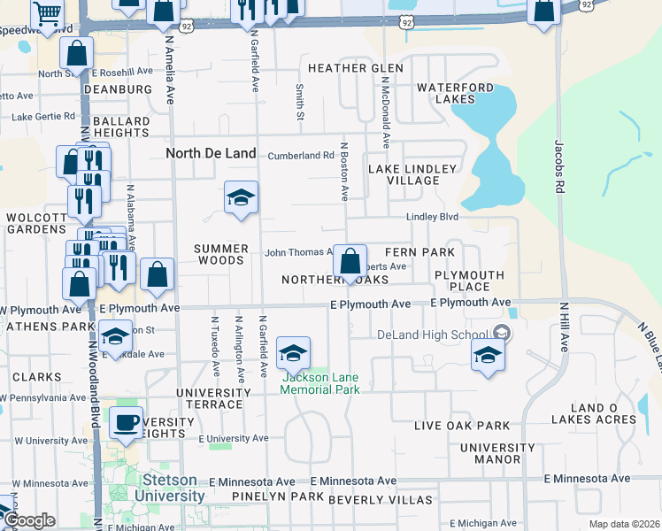 map of restaurants, bars, coffee shops, grocery stores, and more near 920 Northern Oaks Terrace in DeLand