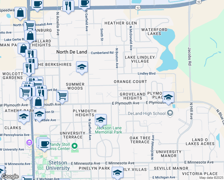 map of restaurants, bars, coffee shops, grocery stores, and more near 920 Northern Oaks Terrace in DeLand