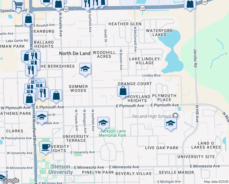 map of restaurants, bars, coffee shops, grocery stores, and more near 916 Northern Oaks Terrace in DeLand