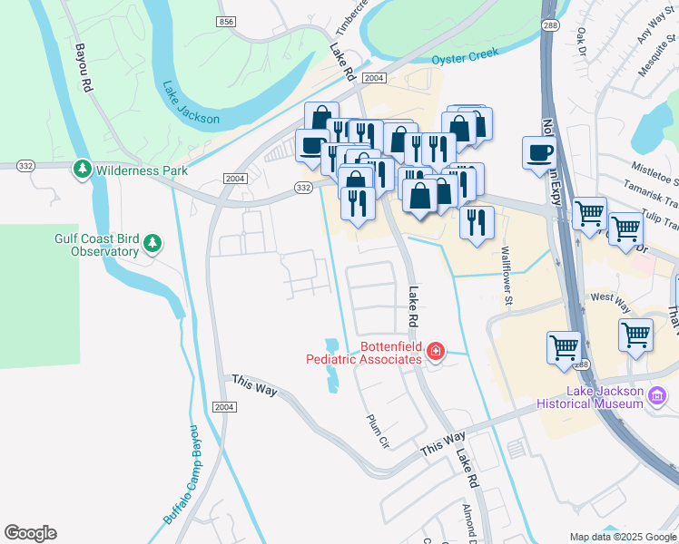 map of restaurants, bars, coffee shops, grocery stores, and more near 143 Indian Warrior Trail in Lake Jackson