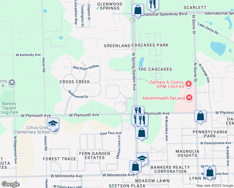 map of restaurants, bars, coffee shops, grocery stores, and more near 930 Hunters Creek Drive in DeLand