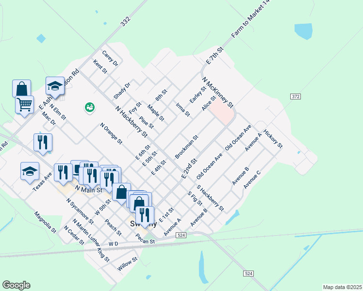 map of restaurants, bars, coffee shops, grocery stores, and more near 707 Brockman Street in Sweeny