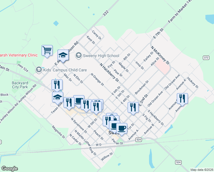 map of restaurants, bars, coffee shops, grocery stores, and more near 502 Crosson Court in Sweeny