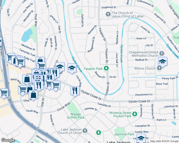 map of restaurants, bars, coffee shops, grocery stores, and more near 202 Allwood Street in Lake Jackson