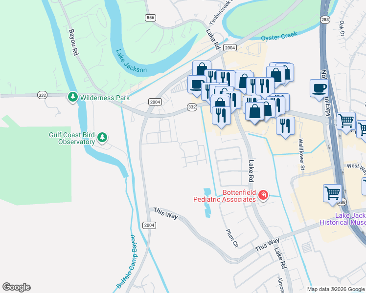 map of restaurants, bars, coffee shops, grocery stores, and more near 101 Eucalyptus Street in Lake Jackson