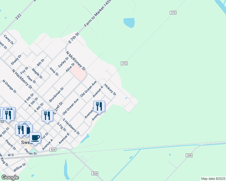 map of restaurants, bars, coffee shops, grocery stores, and more near 212 Hickory Street in Sweeny