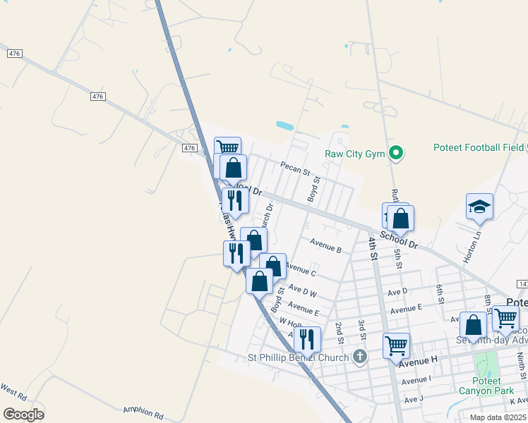 map of restaurants, bars, coffee shops, grocery stores, and more near 801 Church Drive in Poteet