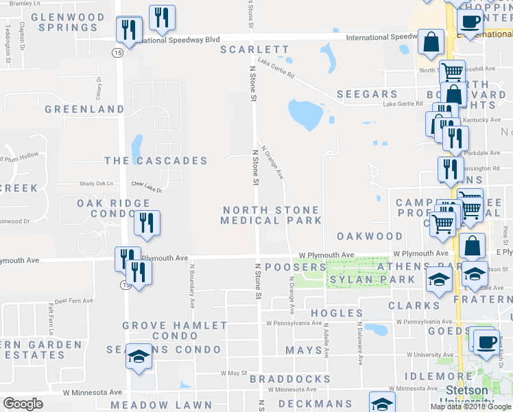 map of restaurants, bars, coffee shops, grocery stores, and more near 1072 North Stone Street in DeLand