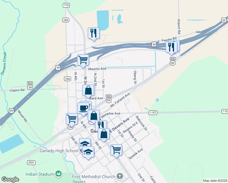 map of restaurants, bars, coffee shops, grocery stores, and more near 304 East York Street in Ganado