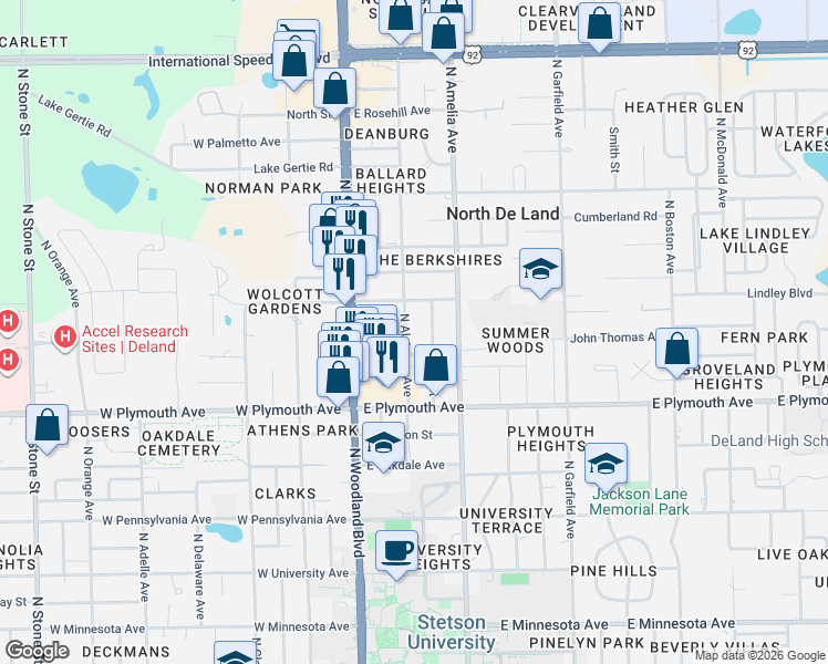 map of restaurants, bars, coffee shops, grocery stores, and more near 1013 North Alabama Avenue in DeLand