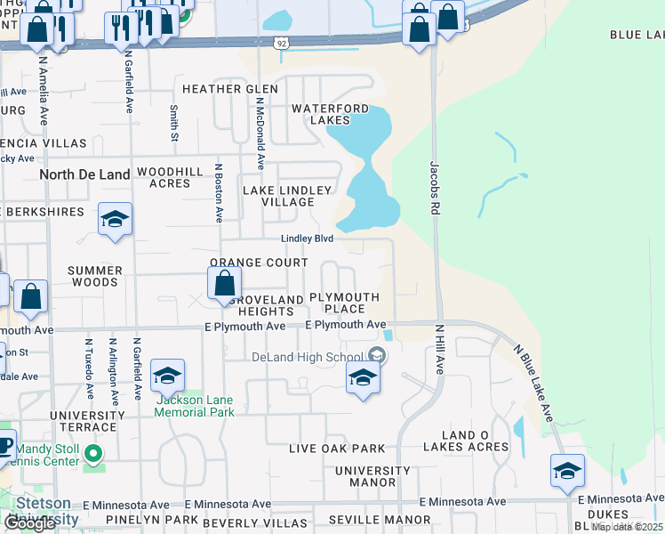 map of restaurants, bars, coffee shops, grocery stores, and more near 1006 New Bedford Drive in DeLand