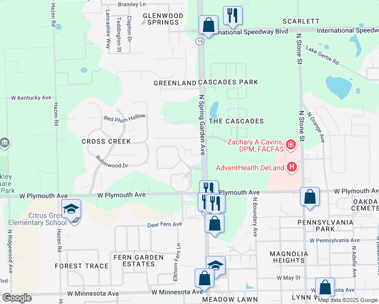 map of restaurants, bars, coffee shops, grocery stores, and more near 1150 Shady Oak Lane in DeLand