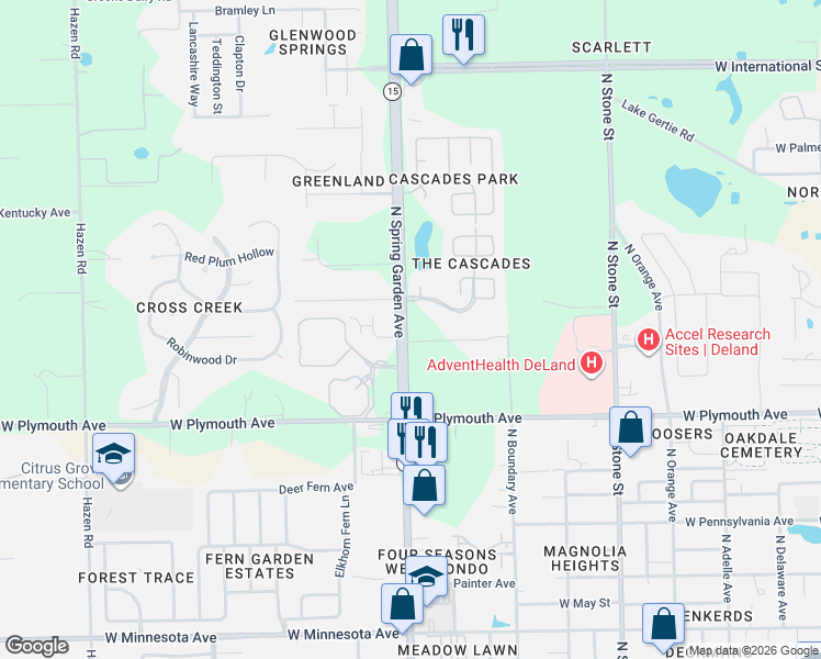 map of restaurants, bars, coffee shops, grocery stores, and more near 1025 Clear Lake Drive in DeLand
