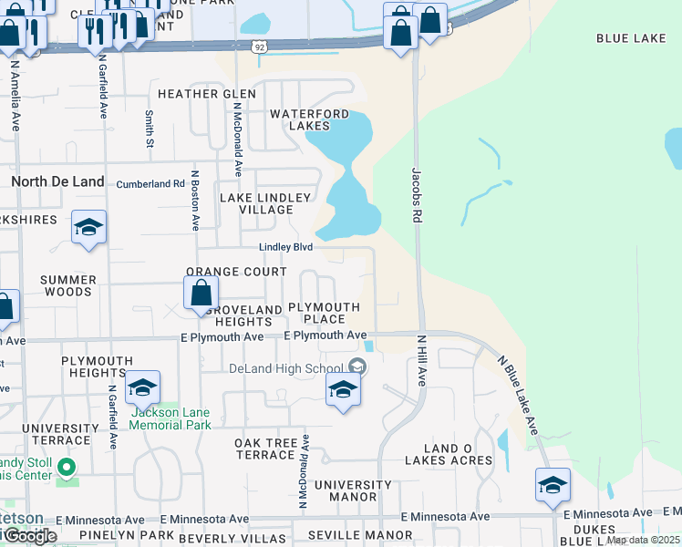 map of restaurants, bars, coffee shops, grocery stores, and more near 1009 Marlboro Drive in DeLand