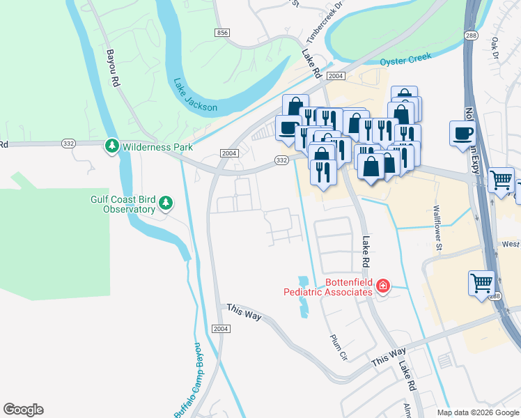 map of restaurants, bars, coffee shops, grocery stores, and more near 108 Eucalyptus Street in Lake Jackson