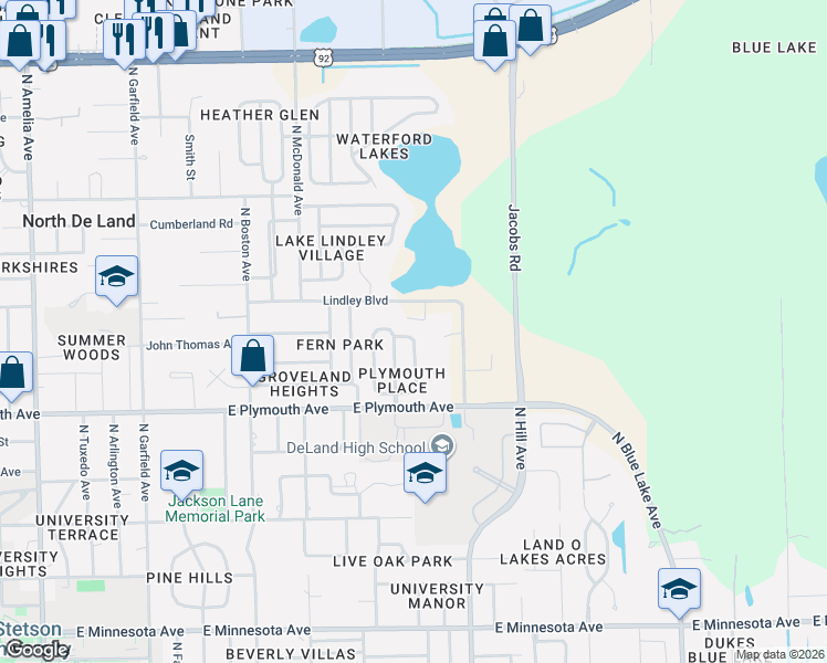 map of restaurants, bars, coffee shops, grocery stores, and more near 1009 Marlboro Drive in DeLand