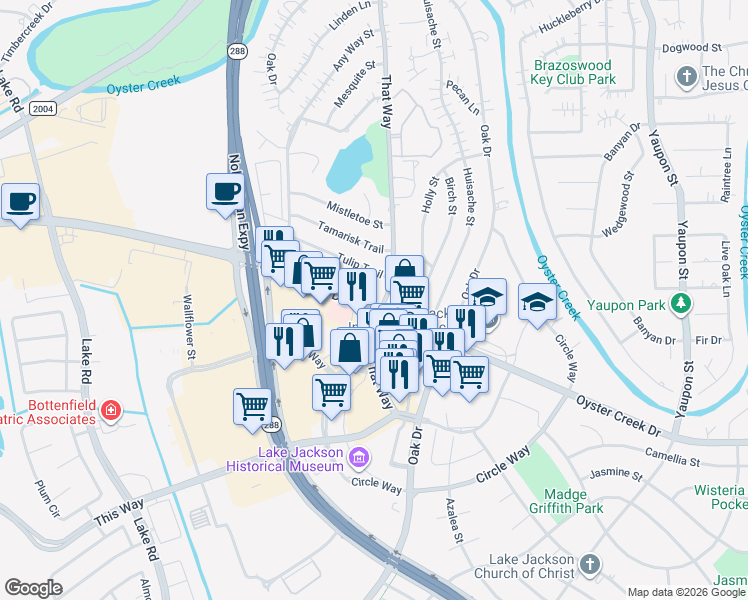 map of restaurants, bars, coffee shops, grocery stores, and more near 130 Oyster Creek Drive in Lake Jackson