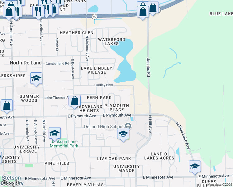map of restaurants, bars, coffee shops, grocery stores, and more near 1009 Marlboro Drive in DeLand
