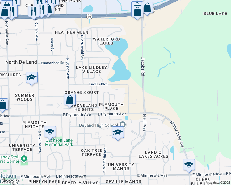 map of restaurants, bars, coffee shops, grocery stores, and more near 1009 Marlboro Drive in DeLand