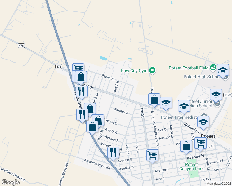 map of restaurants, bars, coffee shops, grocery stores, and more near 364 School Drive in Poteet