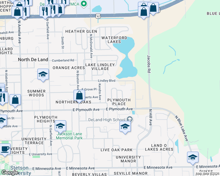 map of restaurants, bars, coffee shops, grocery stores, and more near 1008 Hartford Drive in DeLand