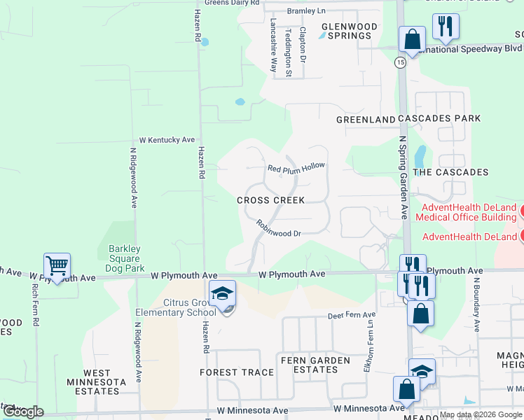 map of restaurants, bars, coffee shops, grocery stores, and more near 1508 Ginger Snap Trail in DeLand
