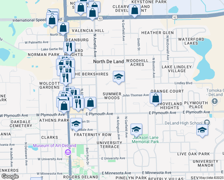 map of restaurants, bars, coffee shops, grocery stores, and more near 1000 North Garfield Avenue in DeLand