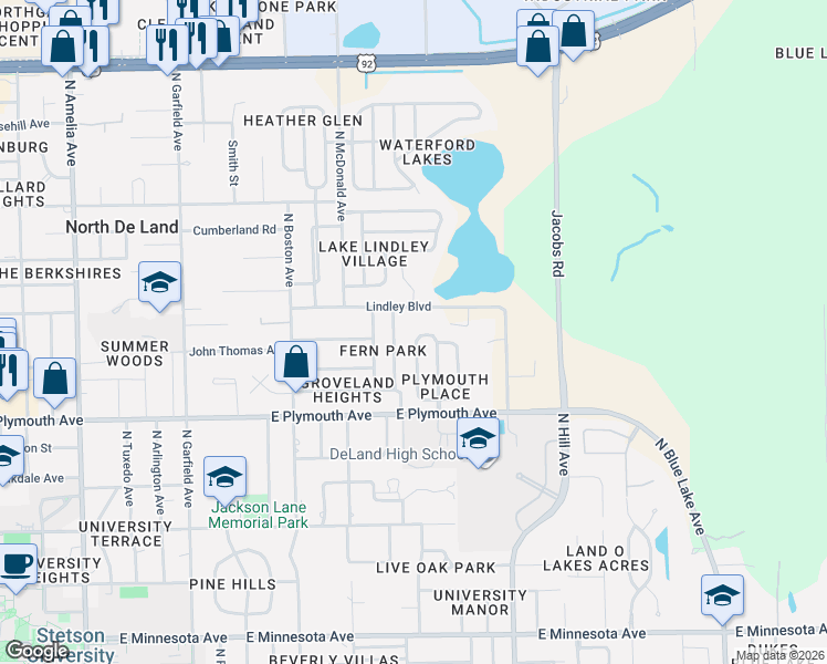 map of restaurants, bars, coffee shops, grocery stores, and more near 1010 Hartford Drive in DeLand