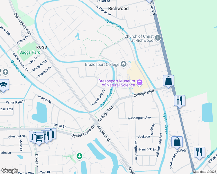 map of restaurants, bars, coffee shops, grocery stores, and more near 105 Van Winkle Street in Lake Jackson