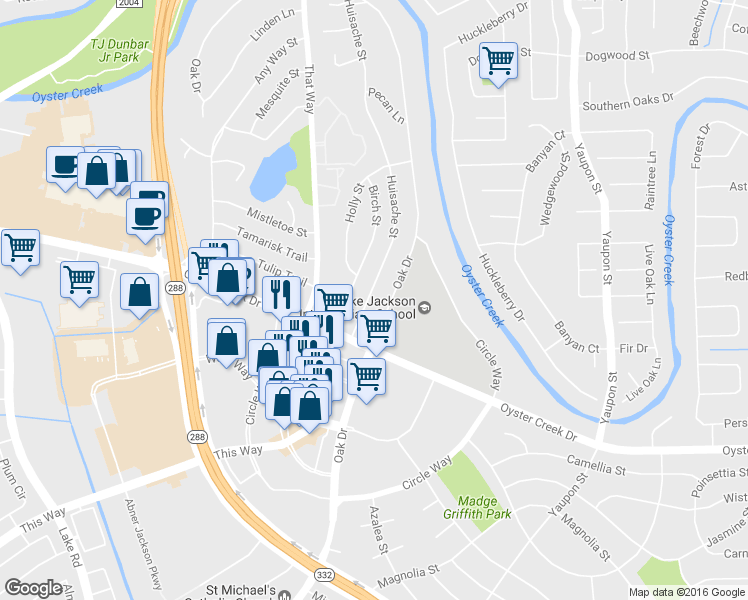 map of restaurants, bars, coffee shops, grocery stores, and more near 116 Huisache Street in Lake Jackson