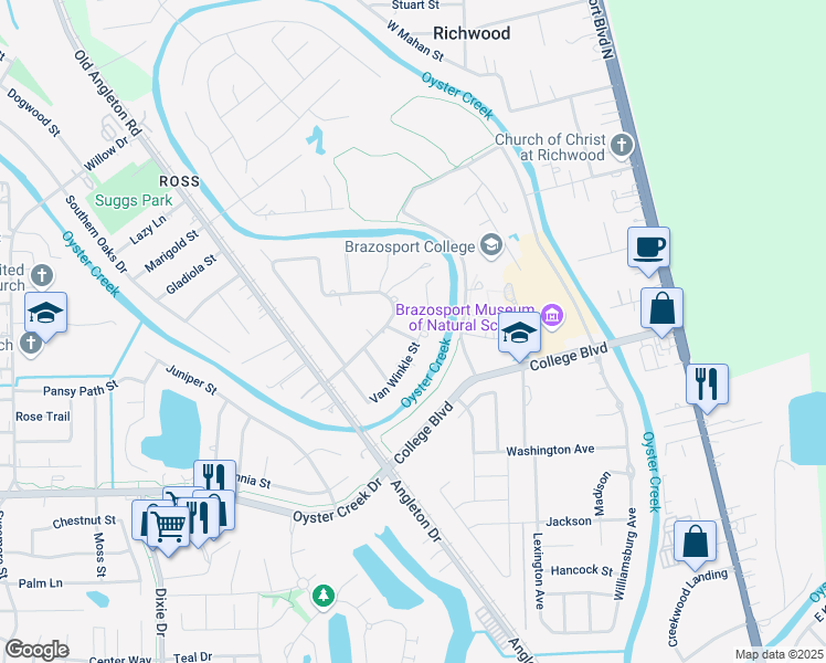 map of restaurants, bars, coffee shops, grocery stores, and more near 105 Van Winkle Street in Lake Jackson