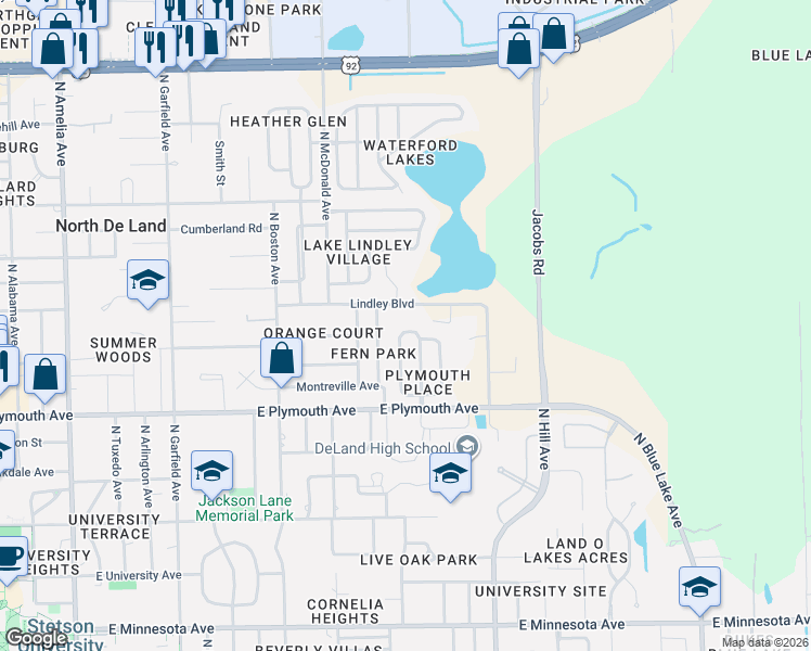 map of restaurants, bars, coffee shops, grocery stores, and more near 1014 Hartford Drive in DeLand