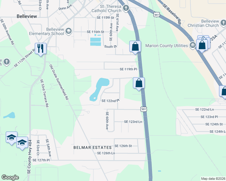 map of restaurants, bars, coffee shops, grocery stores, and more near 6055 Southeast 121st Lane in Belleview