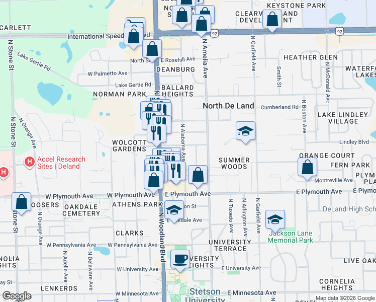 map of restaurants, bars, coffee shops, grocery stores, and more near 1013 North Alabama Avenue in DeLand