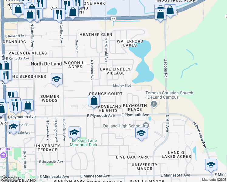 map of restaurants, bars, coffee shops, grocery stores, and more near 104 Kendra Avenue in DeLand