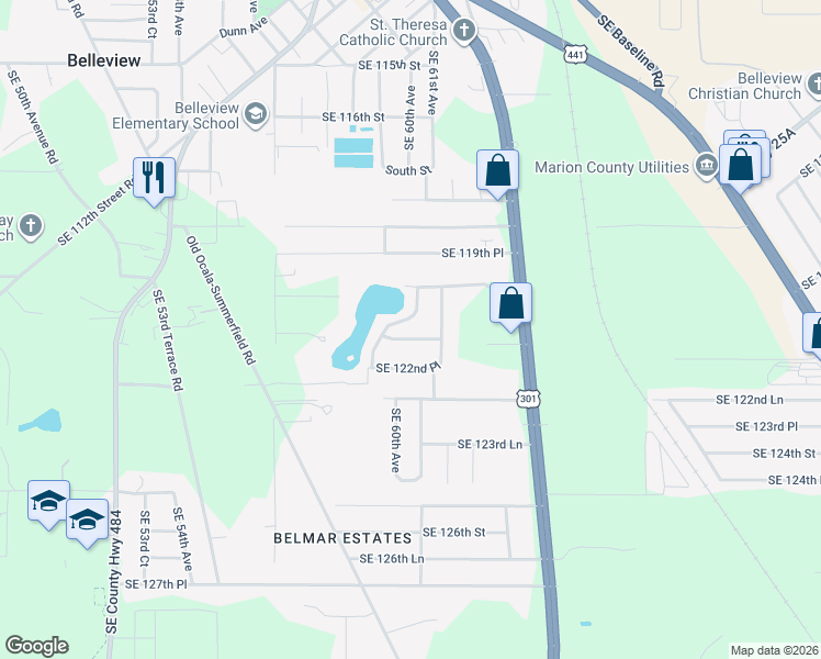 map of restaurants, bars, coffee shops, grocery stores, and more near 6055 Southeast 121st Lane in Belleview