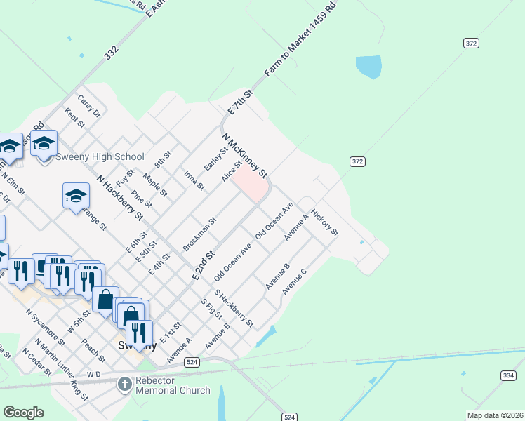 map of restaurants, bars, coffee shops, grocery stores, and more near 102 North Ross Street in Sweeny
