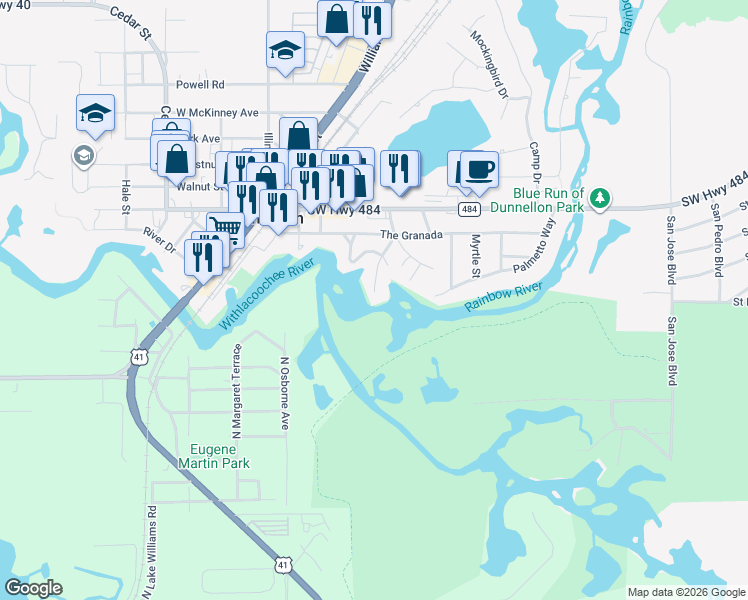 map of restaurants, bars, coffee shops, grocery stores, and more near 12180 Maple Street in Dunnellon