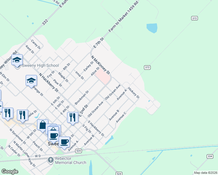 map of restaurants, bars, coffee shops, grocery stores, and more near 102 North Ross Street in Sweeny