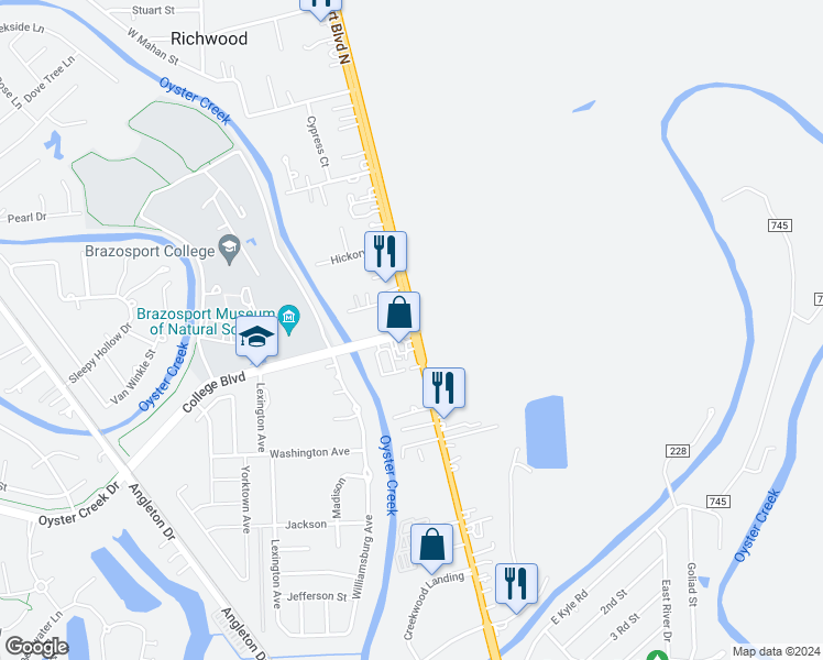 map of restaurants, bars, coffee shops, grocery stores, and more near 101 College Boulevard in Richwood